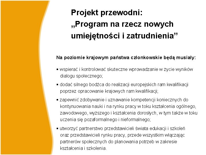 Projekt przewodni: „Program na rzecz nowych umiejętności i zatrudnienia” Na poziomie krajowym państwa członkowskie