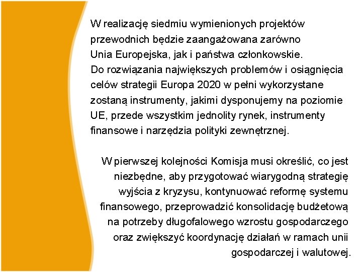 W realizację siedmiu wymienionych projektów przewodnich będzie zaangażowana zarówno Unia Europejska, jak i państwa