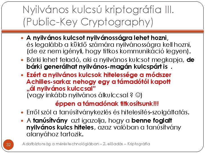 Nyilvános kulcsú kriptográfia III. (Public-Key Cryptography) A nyilvános kulcsot nyilvánosságra lehet hozni, 32 és