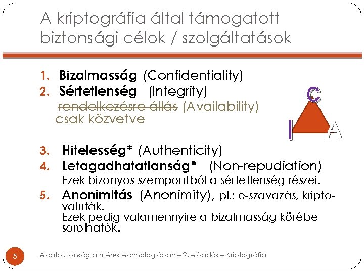 A kriptográfia által támogatott biztonsági célok / szolgáltatások 1. Bizalmasság (Confidentiality) 2. Sértetlenség (Integrity)