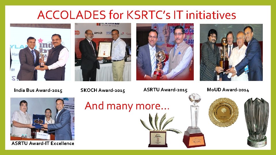 ACCOLADES for KSRTC’s IT initiatives India Bus Award-2015 SKOCH Award-2015 ASRTU Award-2015 And many
