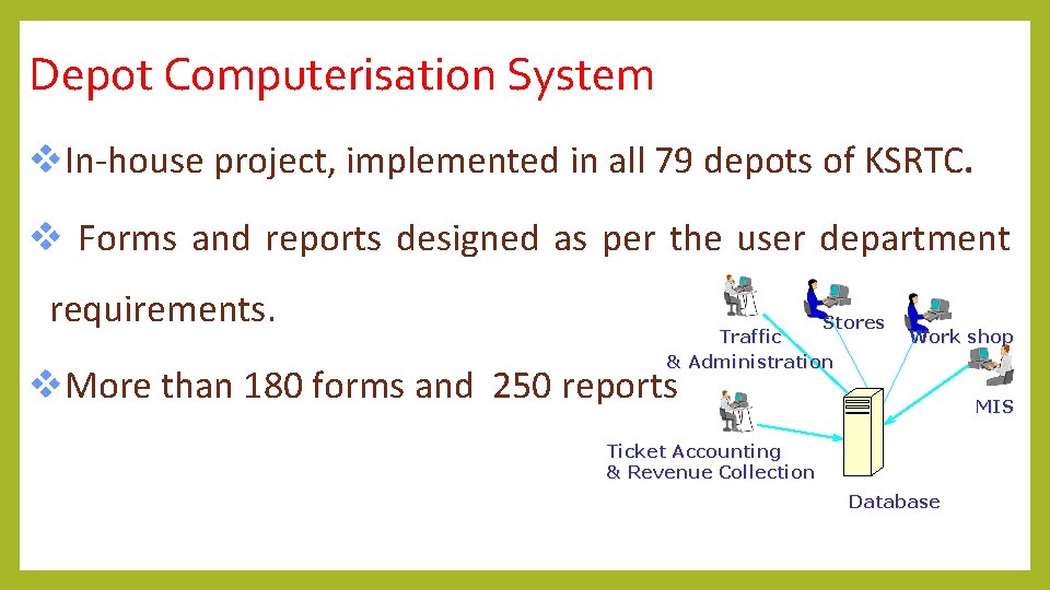 Depot Computerisation System v. In-house project, implemented in all 79 depots of KSRTC. v