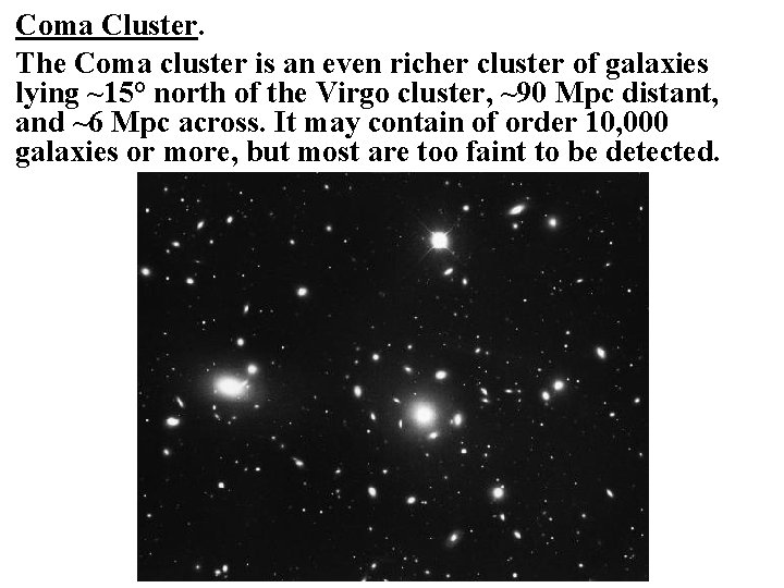 Coma Cluster. The Coma cluster is an even richer cluster of galaxies lying ~15°