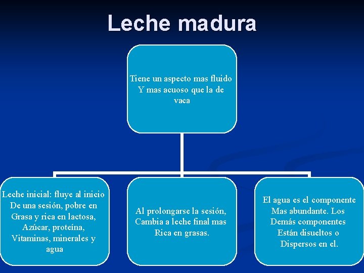 Leche madura Tiene un aspecto mas fluido Y mas acuoso que la de vaca