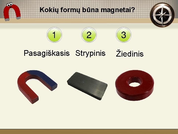 Kokių formų būna magnetai? Pasagiškasis Strypinis Žiedinis 