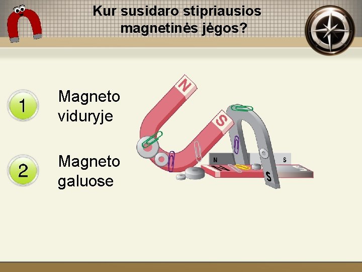 Kur susidaro stipriausios magnetinės jėgos? Magneto viduryje Magneto galuose 