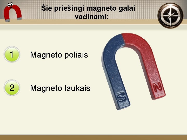 Šie priešingi magneto galai vadinami: Magneto poliais Magneto laukais 