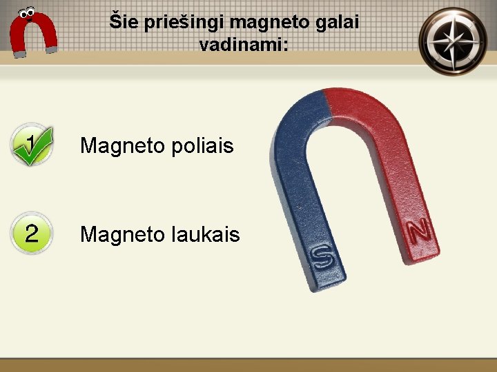 Šie priešingi magneto galai vadinami: Magneto poliais Magneto laukais 