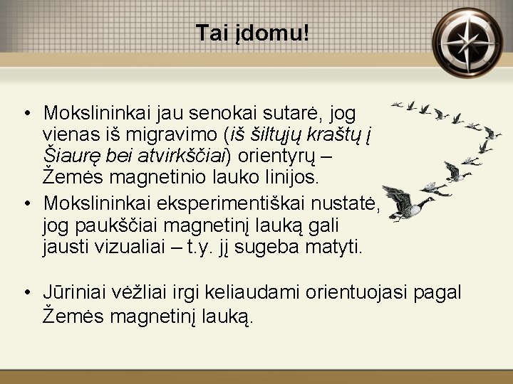 Tai įdomu! • Mokslininkai jau senokai sutarė, jog vienas iš migravimo (iš šiltųjų kraštų
