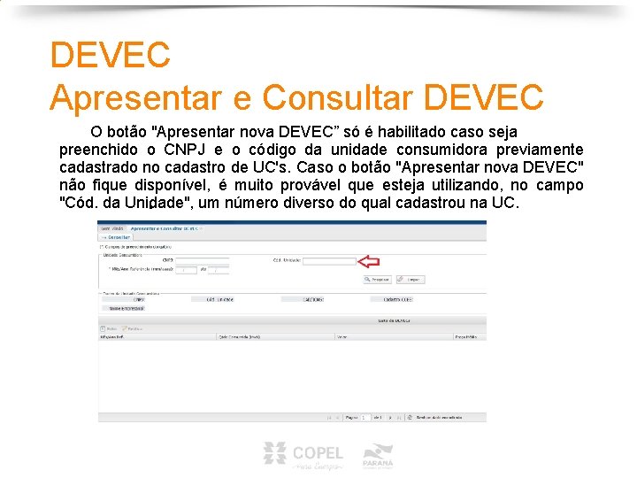 DEVEC Apresentar e Consultar DEVEC O botão "Apresentar nova DEVEC” só é habilitado caso