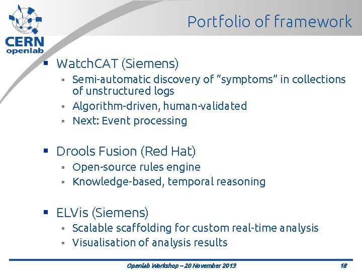 Portfolio of framework § Watch. CAT (Siemens) Semi-automatic discovery of “symptoms” in collections of