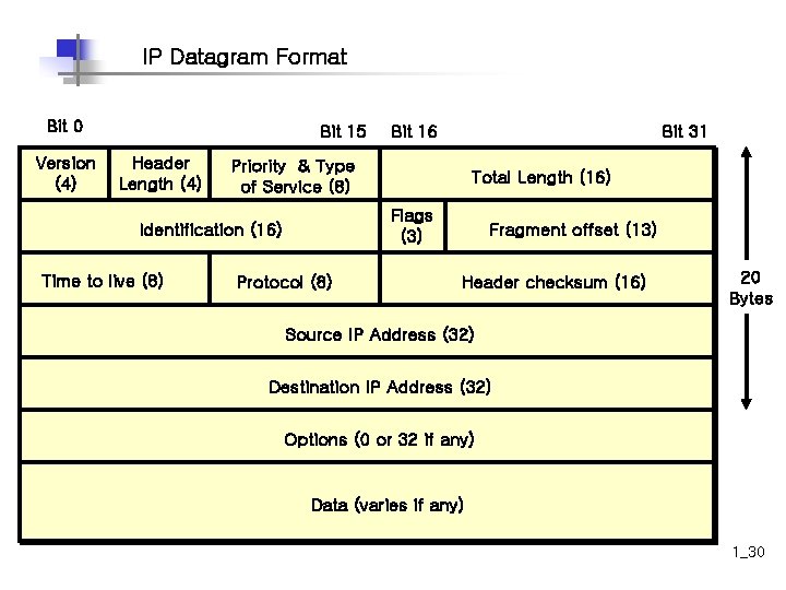 IP Datagram Format Bit 1 0 Version (4) Bit 15 Header Length (4) Bit