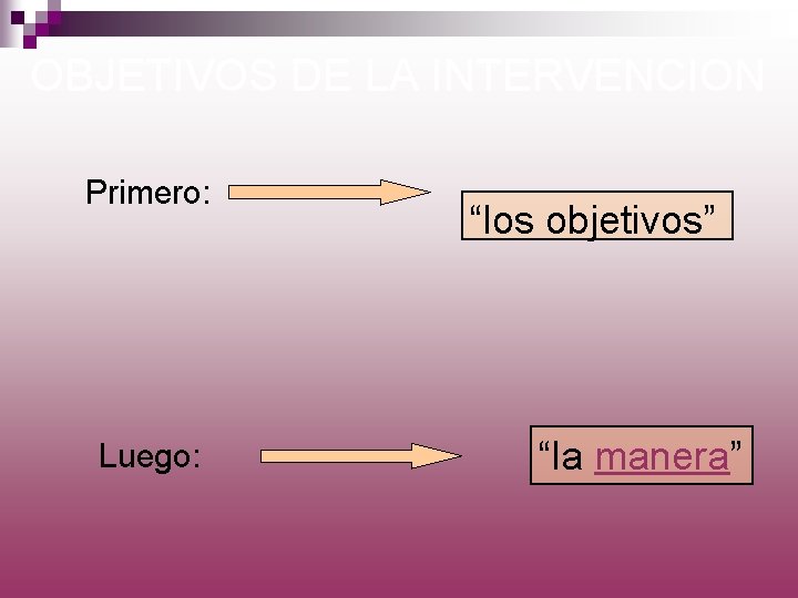 OBJETIVOS DE LA INTERVENCION Primero: Luego: “los objetivos” “la manera” 