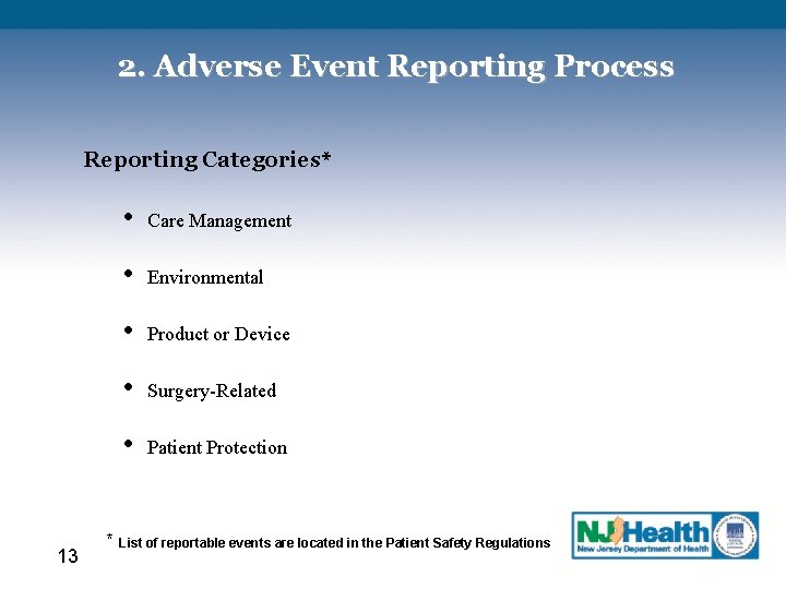 2. Adverse Event Reporting Process Reporting Categories* 13 • Care Management • Environmental •