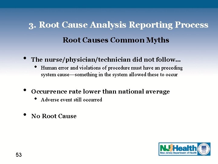 3. Root Cause Analysis Reporting Process Root Causes Common Myths • • • 53