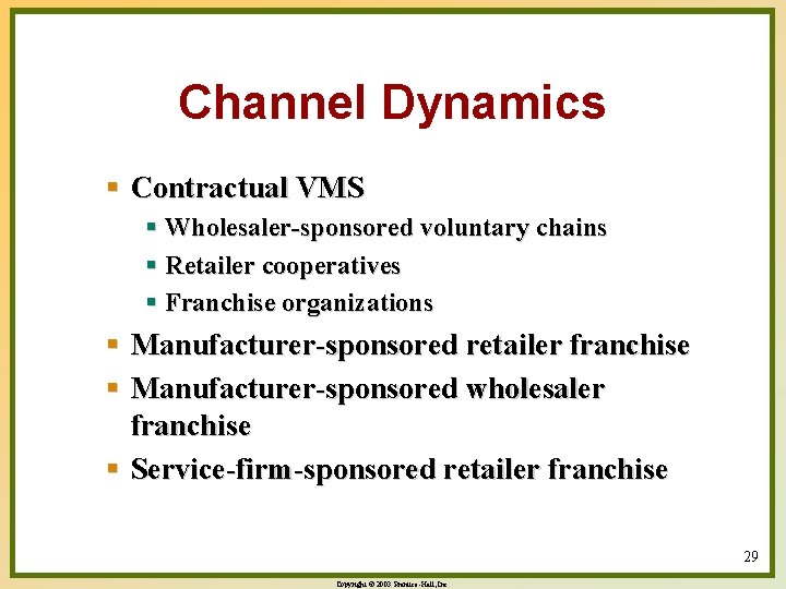 Channel Dynamics § Contractual VMS § Wholesaler-sponsored voluntary chains § Retailer cooperatives § Franchise