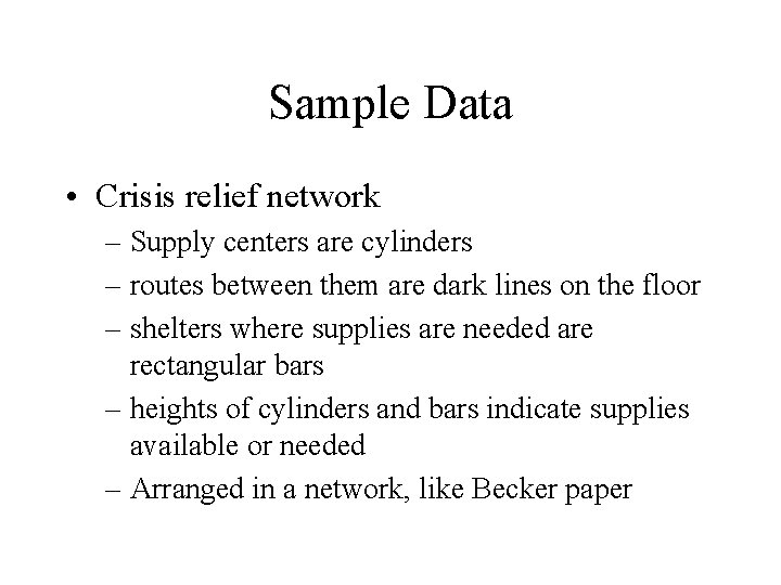 Sample Data • Crisis relief network – Supply centers are cylinders – routes between