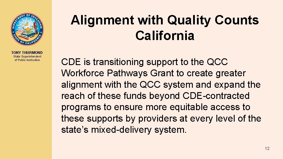 Alignment with Quality Counts California TONY THURMOND State Superintendent of Public Instruction CDE is