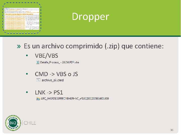 Dropper » Es un archivo comprimido (. zip) que contiene: • VBE/VBS • CMD