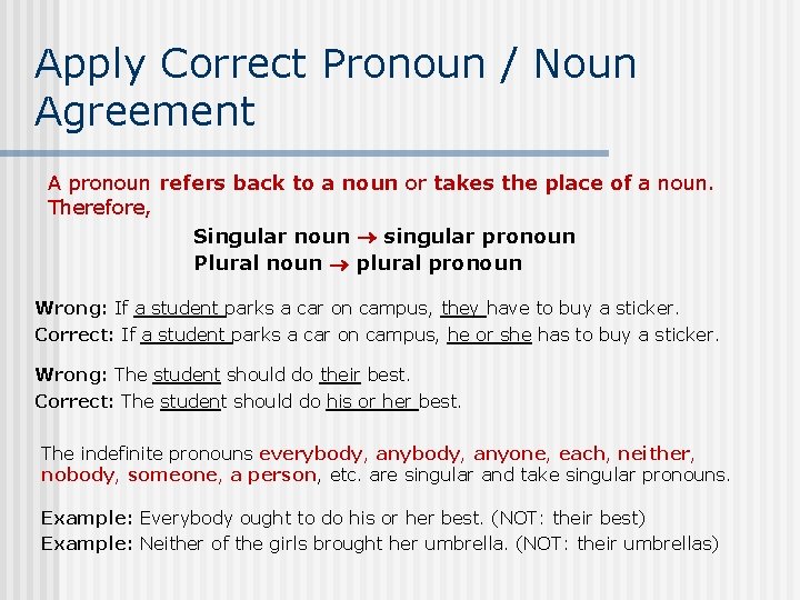 Apply Correct Pronoun / Noun Agreement A pronoun refers back to a noun or