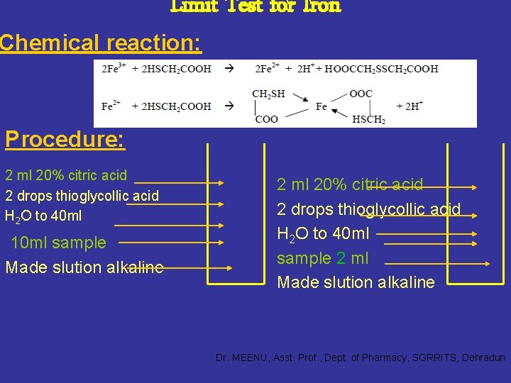 Limit Test for Iron Chemical reaction: Procedure: 2 ml 20% citric acid 2 drops