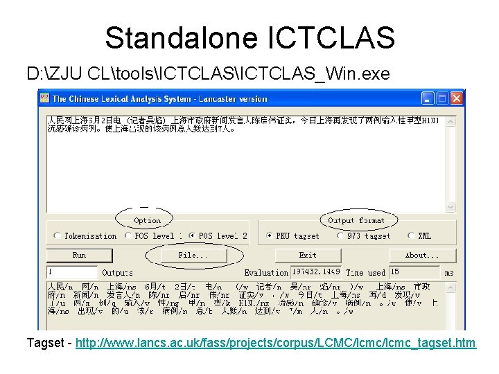 Standalone ICTCLAS D: ZJU CLtoolsICTCLAS_Win. exe Tagset - http: //www. lancs. ac. uk/fass/projects/corpus/LCMC/lcmc_tagset. htm