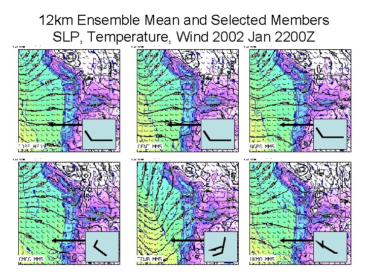 12 km Ensemble Mean and Selected Members SLP, Temperature, Wind 2002 Jan 2200 Z