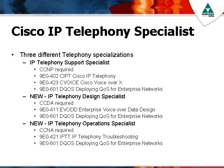 Cisco IP Telephony Specialist • Three different Telephony specializations – IP Telephony Support Specialist