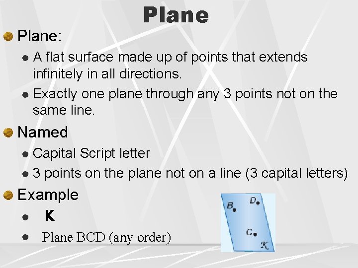 Plane: Plane A flat surface made up of points that extends infinitely in all