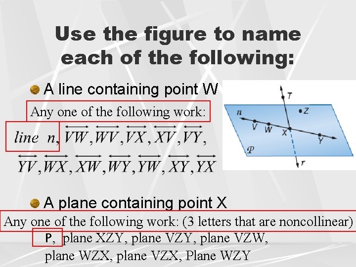 Use the figure to name each of the following: A line containing point W