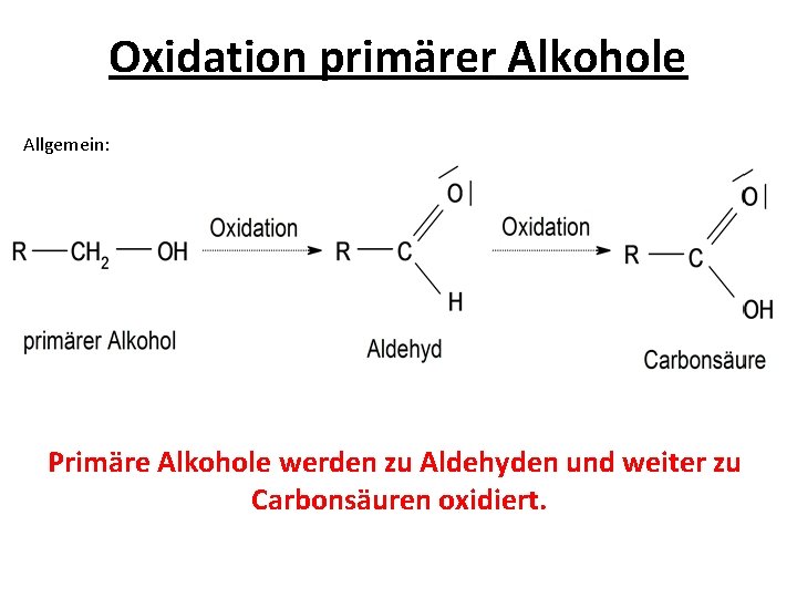 Oxidation primärer Alkohole Allgemein: Primäre Alkohole werden zu Aldehyden und weiter zu Carbonsäuren oxidiert.