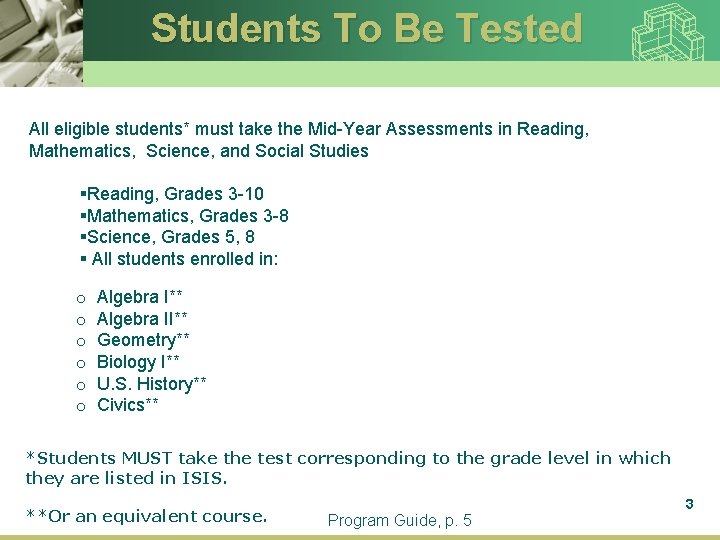 Students To Be Tested All eligible students* must take the Mid-Year Assessments in Reading,