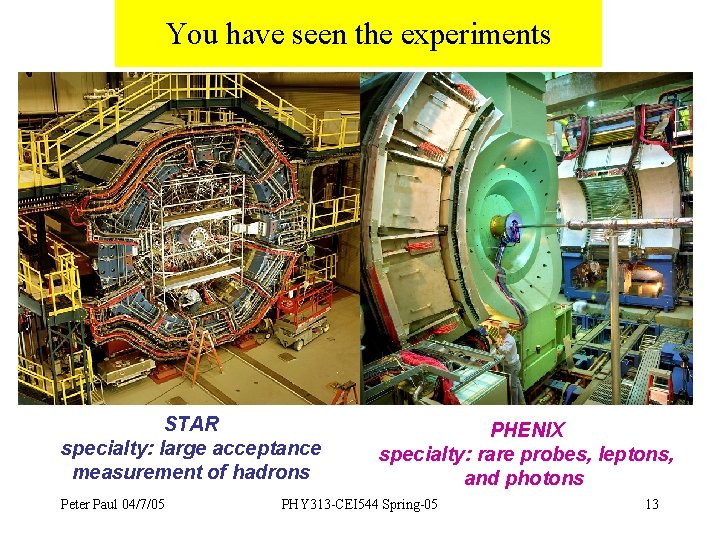 You have seen the experiments STAR specialty: large acceptance measurement of hadrons Peter Paul