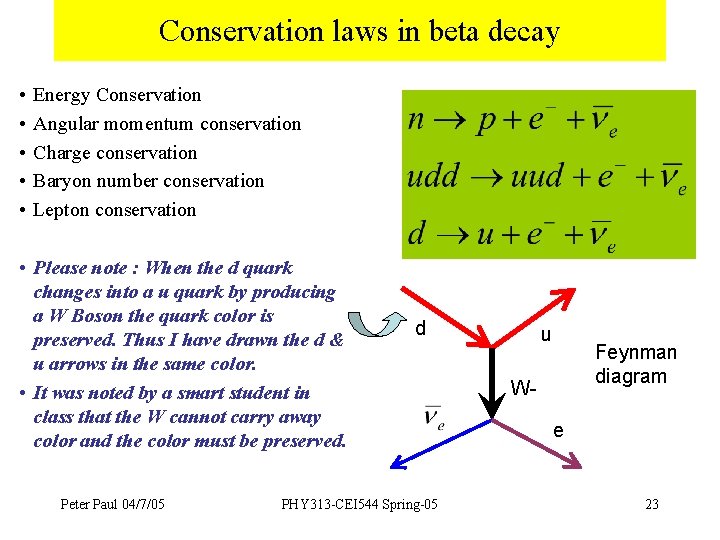 Conservation laws in beta decay • • • Energy Conservation Angular momentum conservation Charge
