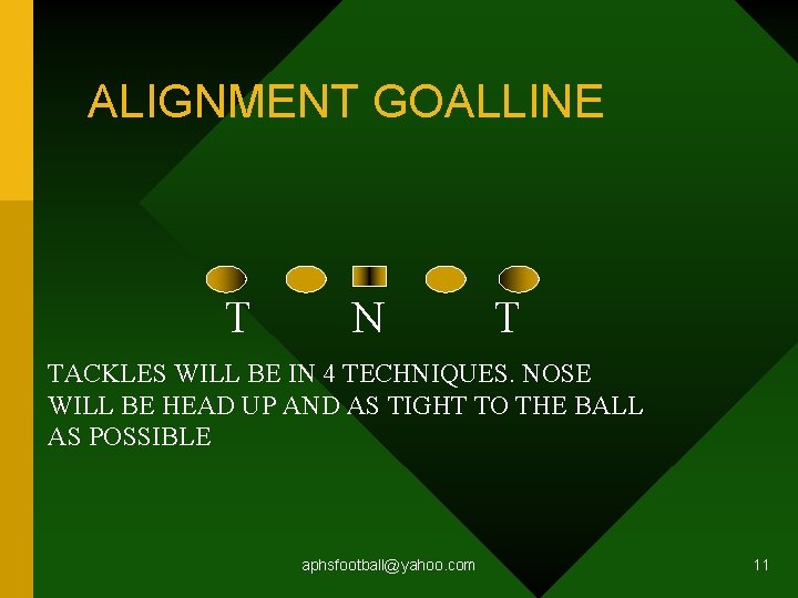 ALIGNMENT GOALLINE T N T TACKLES WILL BE IN 4 TECHNIQUES. NOSE WILL BE