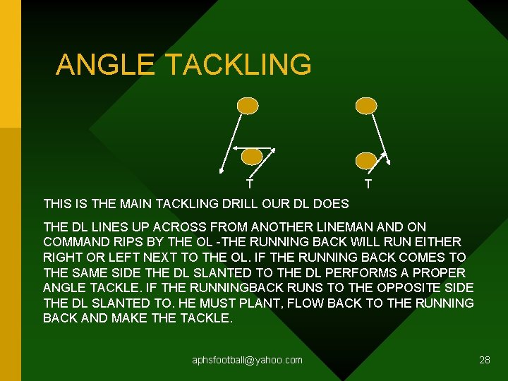 ANGLE TACKLING T T THIS IS THE MAIN TACKLING DRILL OUR DL DOES THE