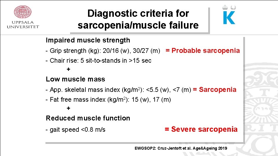 Diagnostic criteria for sarcopenia/muscle failure Impaired muscle strength - Grip strength (kg): 20/16 (w),