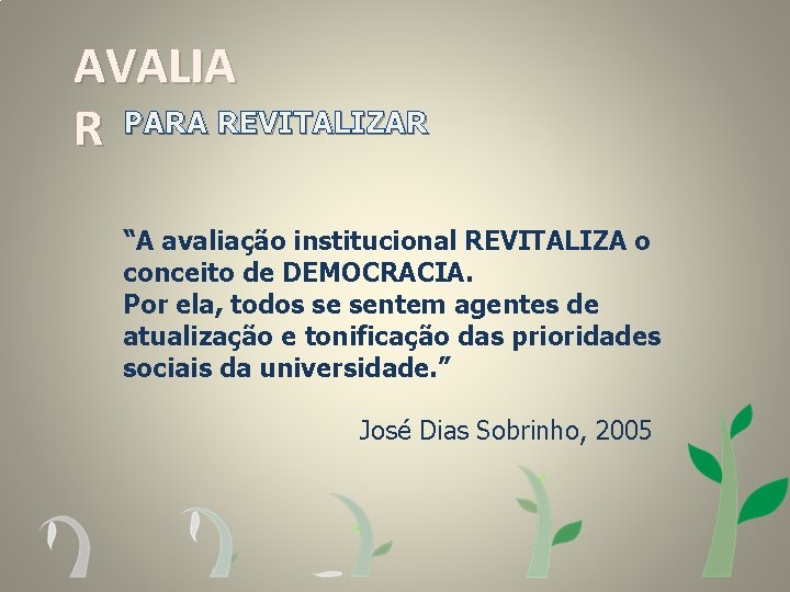 AVALIA R PARA REVITALIZAR “A avaliação institucional REVITALIZA o conceito de DEMOCRACIA. Por ela,
