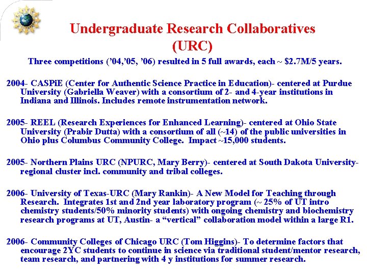 Undergraduate Research Collaboratives (URC) Three competitions (’ 04, ’ 05, ’ 06) resulted in