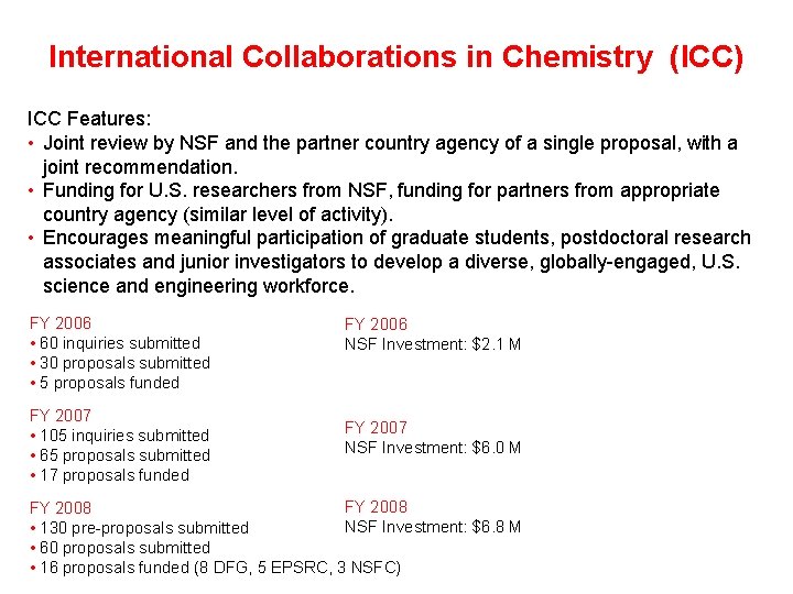 International Collaborations in Chemistry (ICC) ICC Features: • Joint review by NSF and the