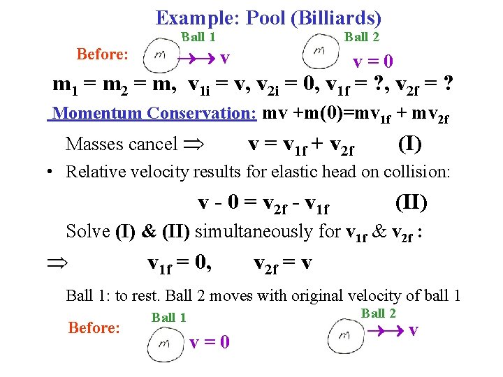 Example: Pool (Billiards) Ball 1 Before: Ball 2 v v=0 m 1 = m