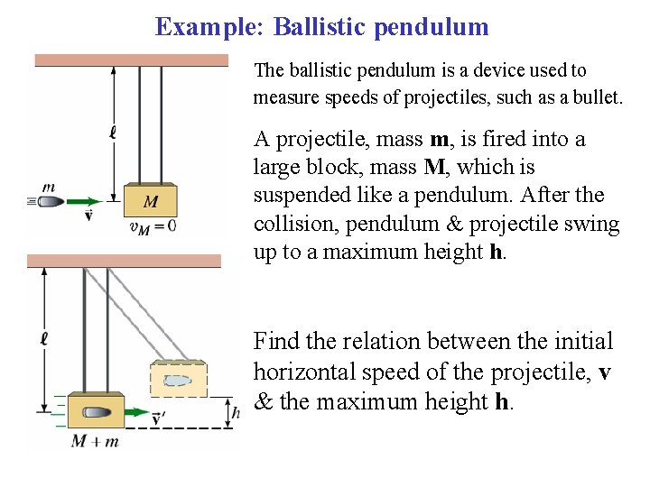 Example: Ballistic pendulum The ballistic pendulum is a device used to measure speeds of