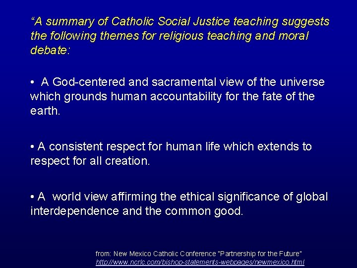 “A summary of Catholic Social Justice teaching suggests the following themes for religious teaching