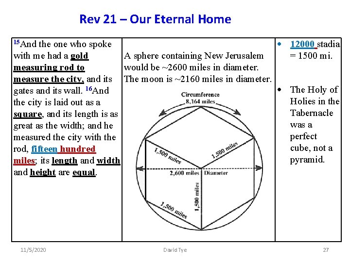 Rev 21 – Our Eternal Home 12000 stadia = 1500 mi. 15 And the