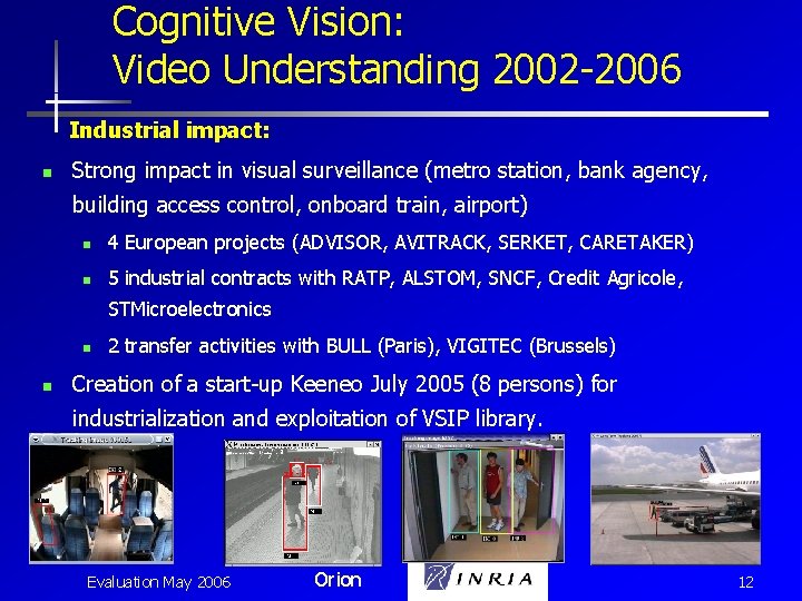 Cognitive Vision: Video Understanding 2002 -2006 Industrial impact: n Strong impact in visual surveillance