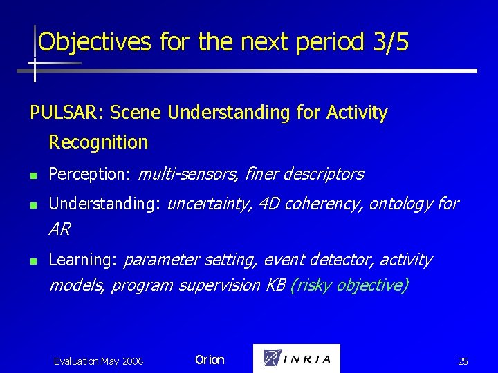 Objectives for the next period 3/5 PULSAR: Scene Understanding for Activity Recognition n Perception: