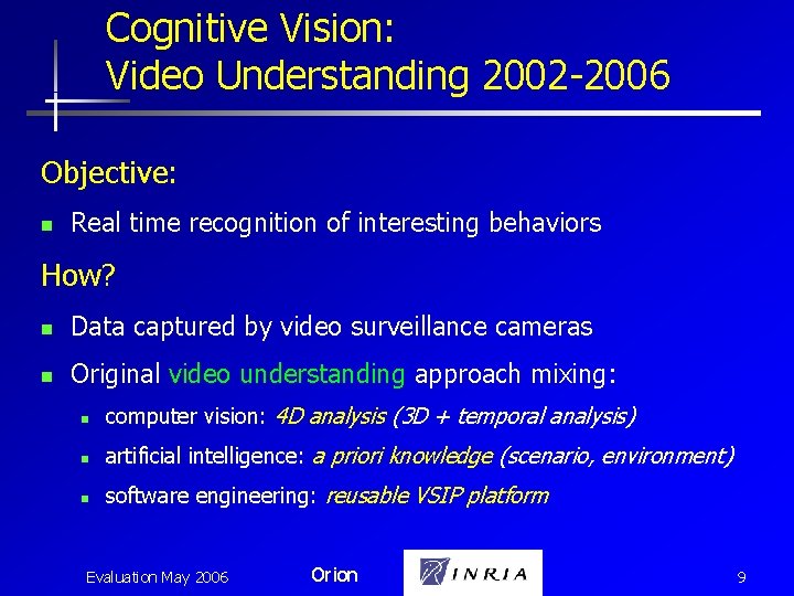 Cognitive Vision: Video Understanding 2002 -2006 Objective: n Real time recognition of interesting behaviors