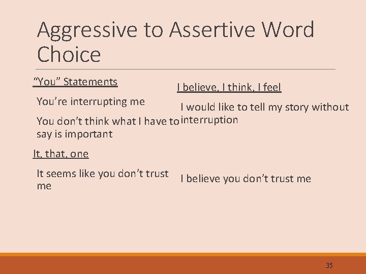 Aggressive to Assertive Word Choice “You” Statements I believe, I think, I feel You’re