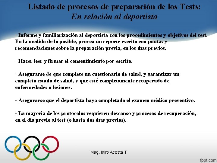 Listado de procesos de preparación de los Tests: En relación al deportista • Informe