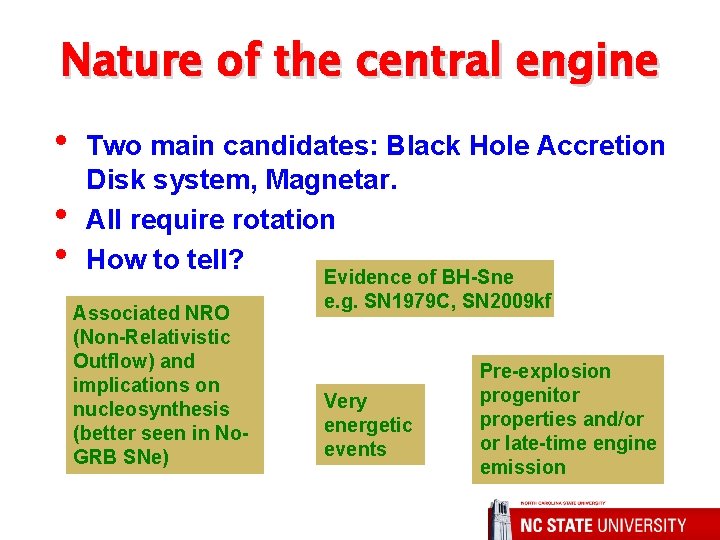 Nature of the central engine • • • Two main candidates: Black Hole Accretion